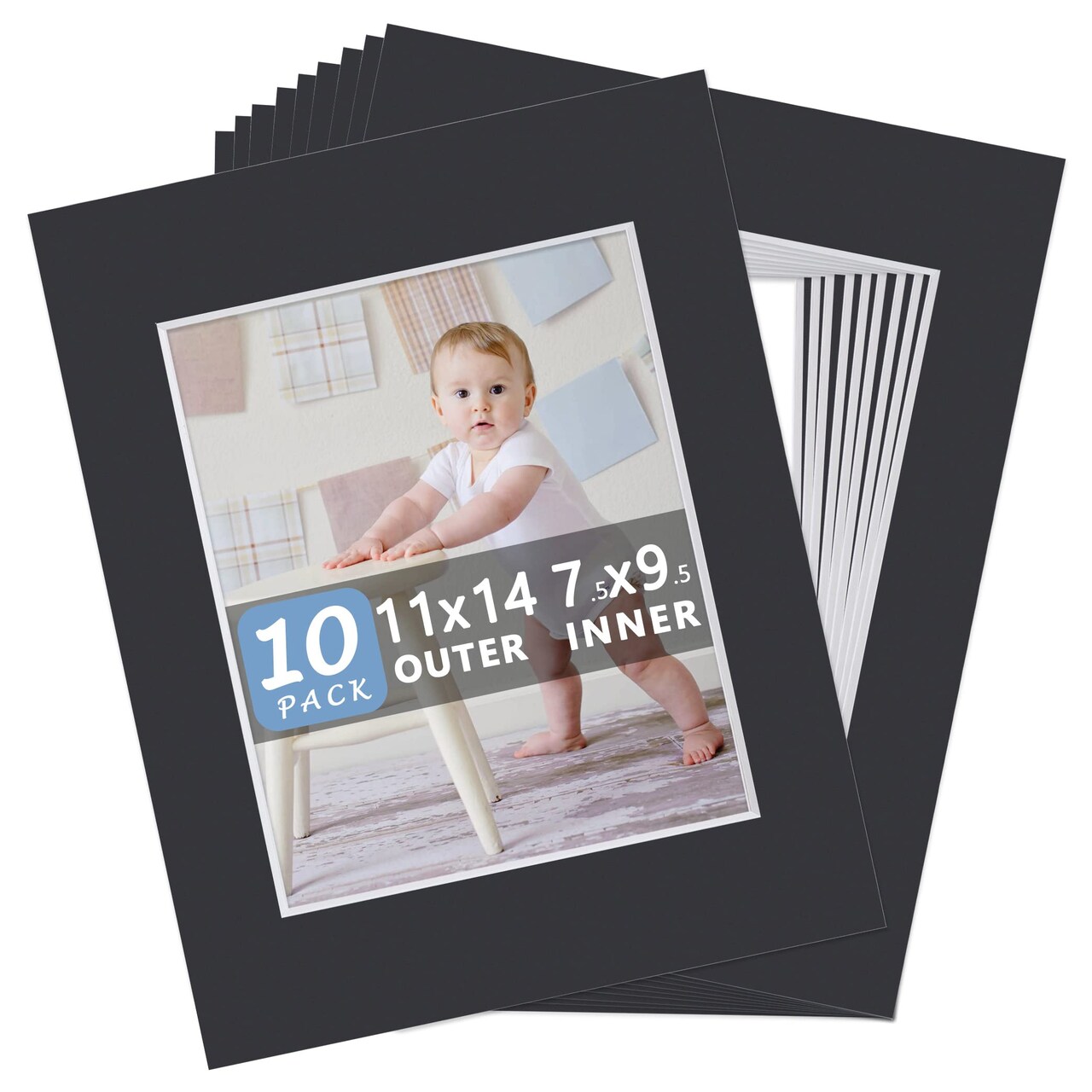 10 Pack Pre-Cut 11 x 14 Black Picture Mats for 8x10 Photos - White Core Bevel Cut Frame Matte, Acid Free, Ideal for Frames/Artwork/Prints
